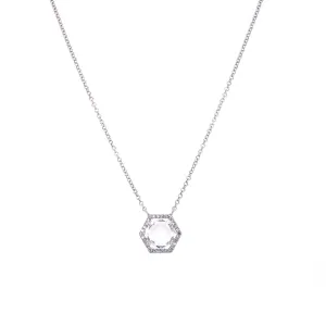 14K White Gold Diamond   White Topaz Small Hexagon Necklace