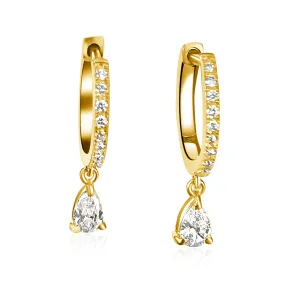 14KT Gold Diamond Huggie Earrings with Pear Diamond Drop