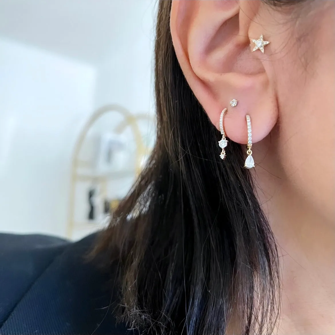 14KT Gold Diamond Huggie Earrings with Pear Diamond Drop