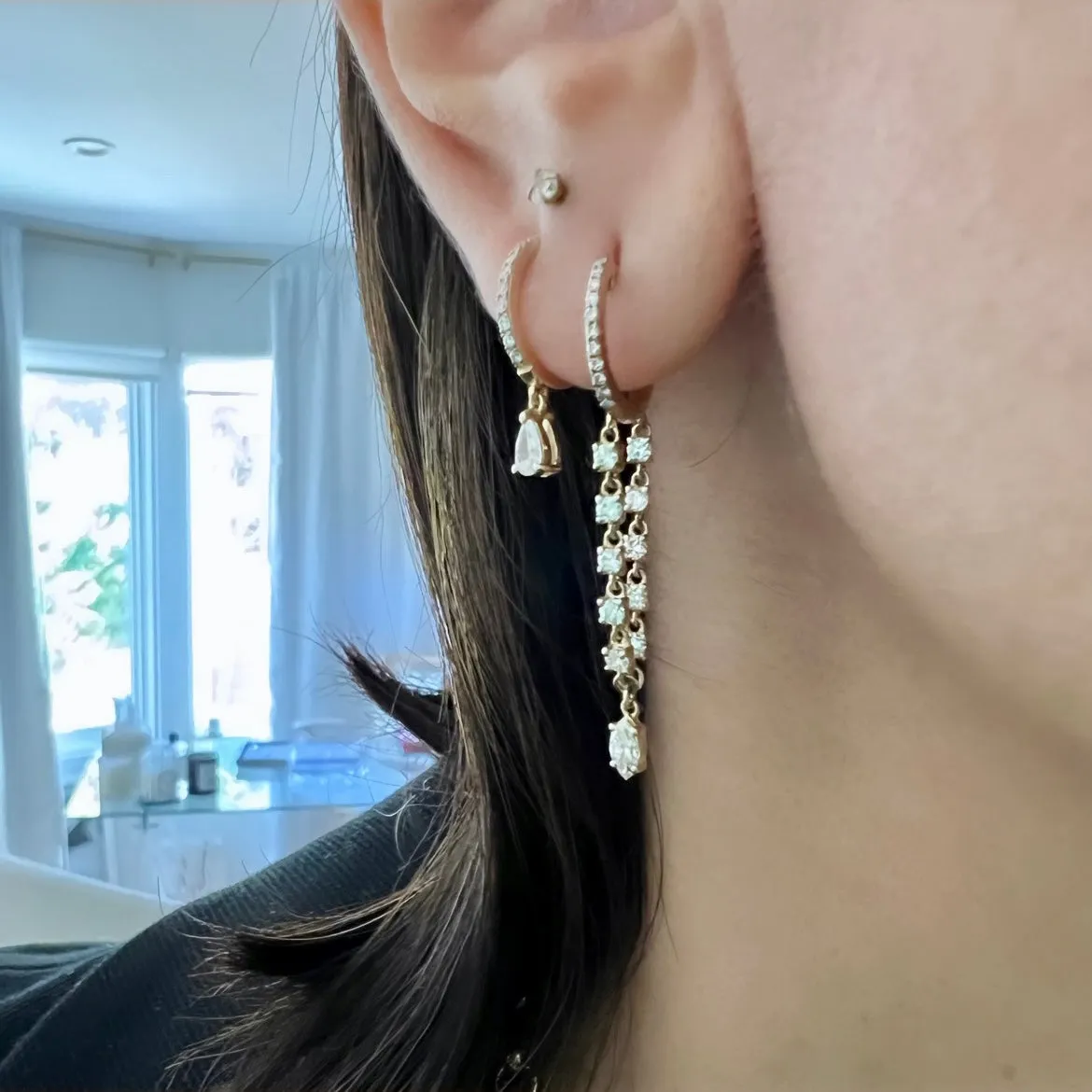 14KT Gold Diamond Huggie Earrings with Pear Diamond Drop