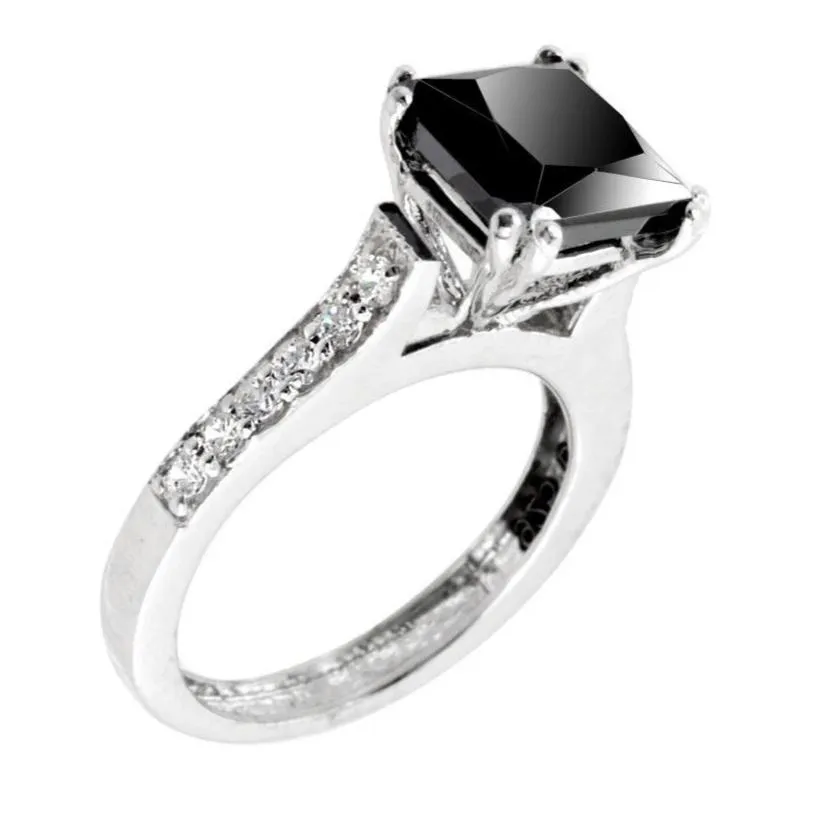 1.70 Ct Princess Cut Black Diamond Designer Ring with White Diamonds Accents, Very Elegant & Amazing Collection