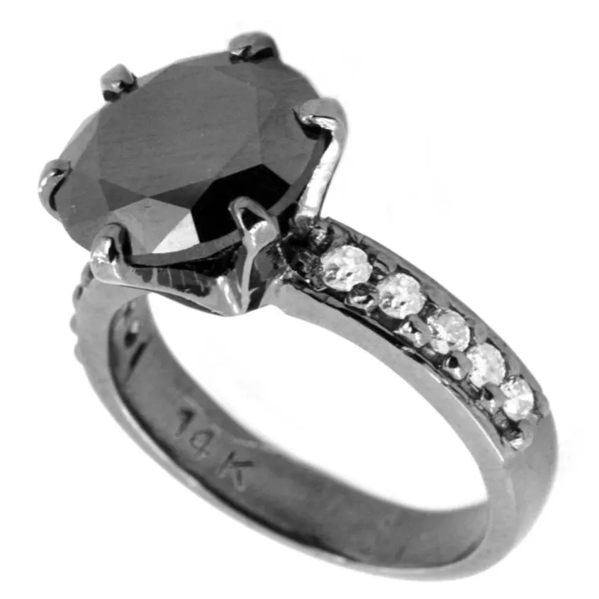 2 Ct Certified Amazing Round Black Diamond Ring with White Diamond Accents in 925 Silver. Very Elegant & Great Shine