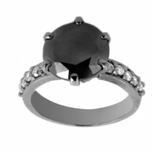 2 Ct Certified Amazing Round Black Diamond Ring with White Diamond Accents in 925 Silver. Very Elegant & Great Shine