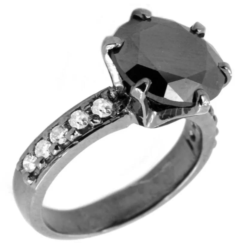 2 Ct Certified Amazing Round Black Diamond Ring with White Diamond Accents in 925 Silver. Very Elegant & Great Shine