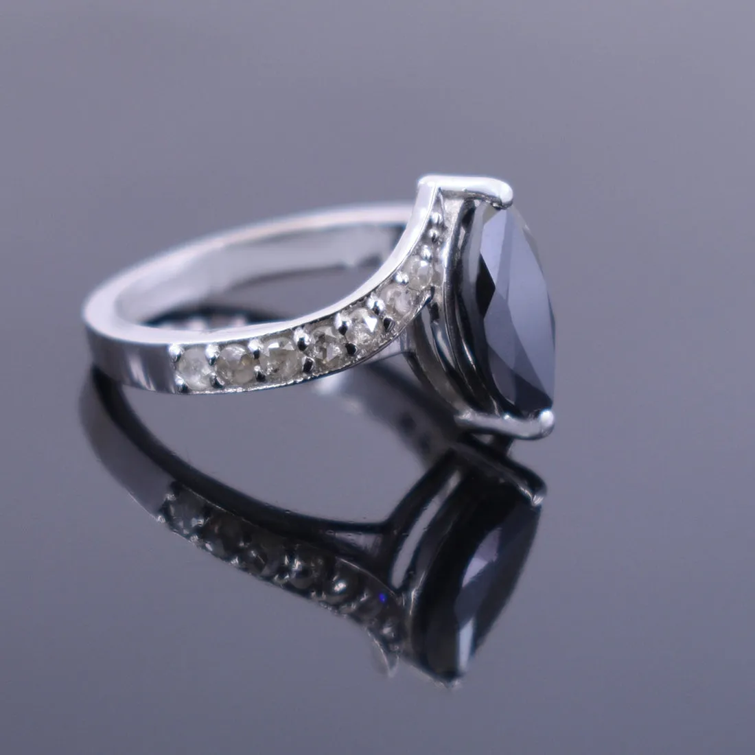 2 Ct Certified Beautiful Marquise Shape Black Diamond Ring With Diamond Accents, Stunning Look & Great Brilliance