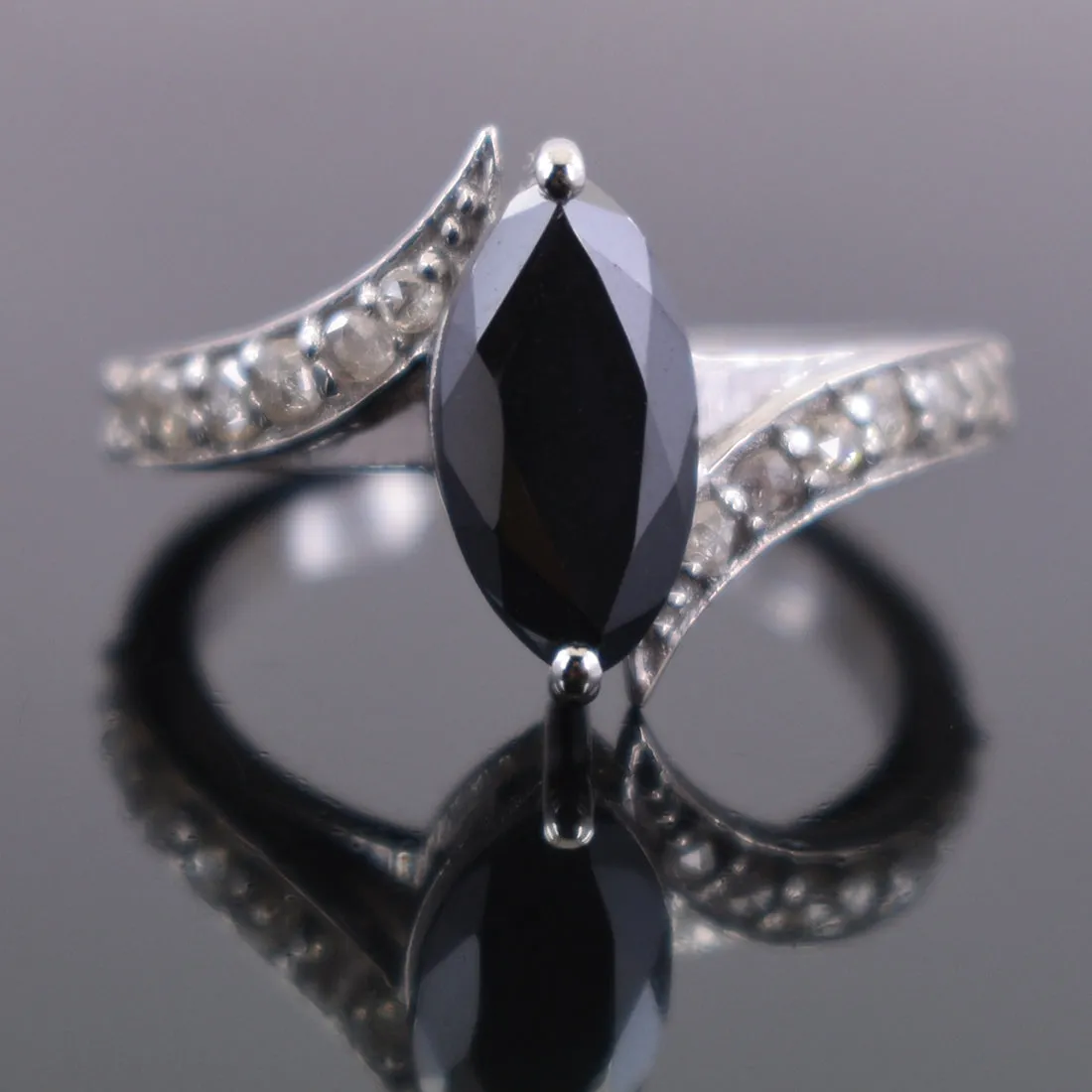 2 Ct Certified Beautiful Marquise Shape Black Diamond Ring With Diamond Accents, Stunning Look & Great Brilliance