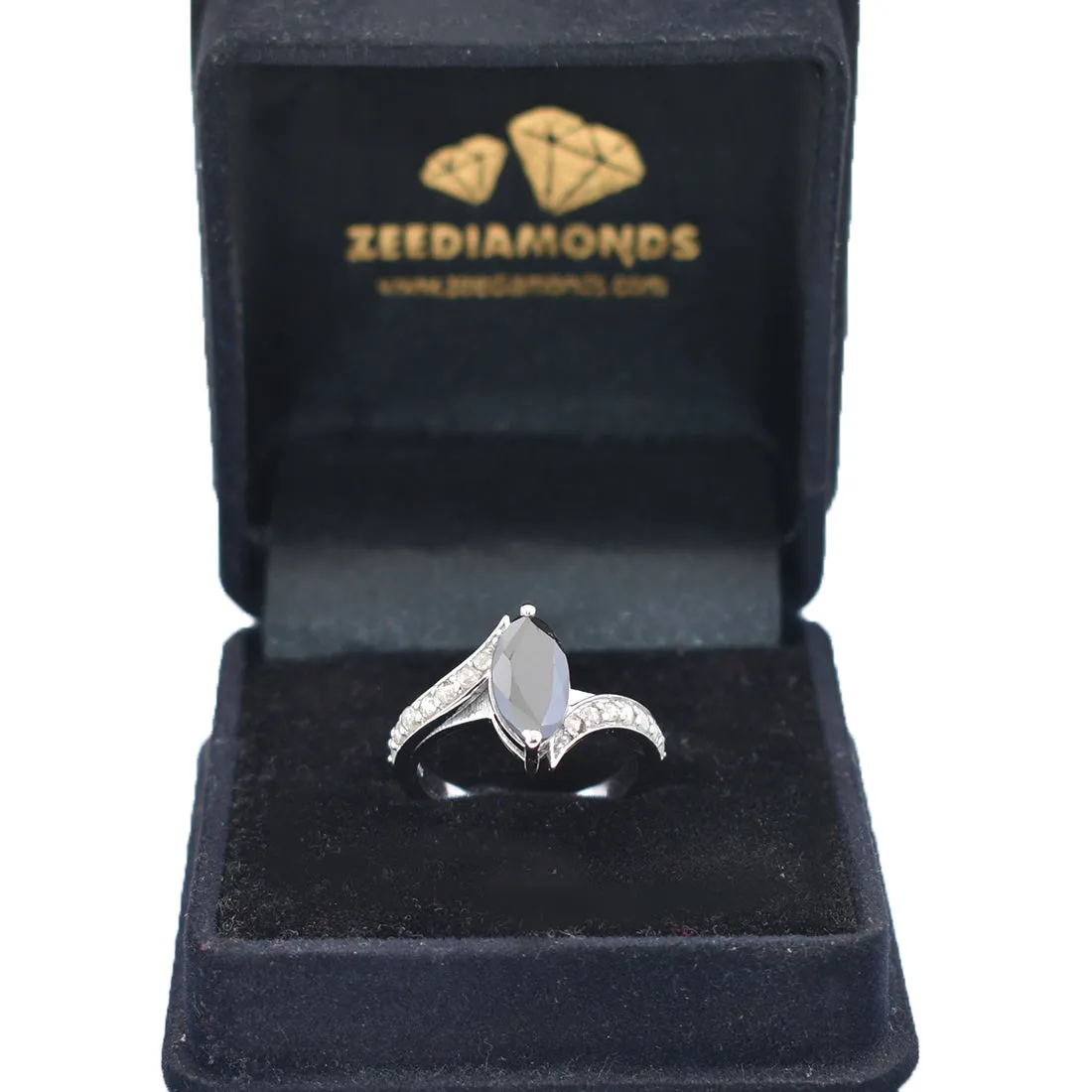 2 Ct Certified Beautiful Marquise Shape Black Diamond Ring With Diamond Accents, Stunning Look & Great Brilliance