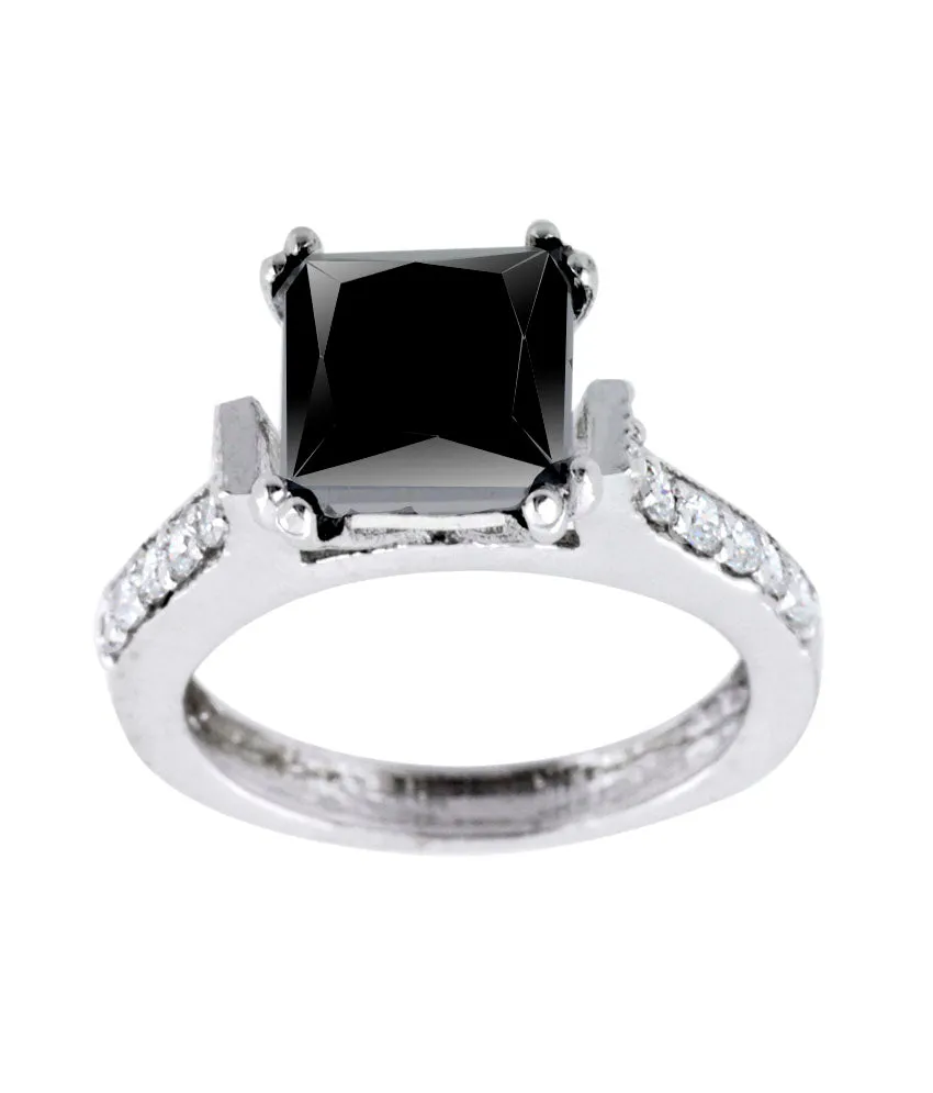 2 Ct Princess Cut Black Diamond with White Diamond Accents, Great Shine & Ideal Gift for Anniversary
