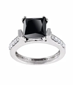 2 Ct Princess Cut Black Diamond with White Diamond Accents, Great Shine & Ideal Gift for Anniversary