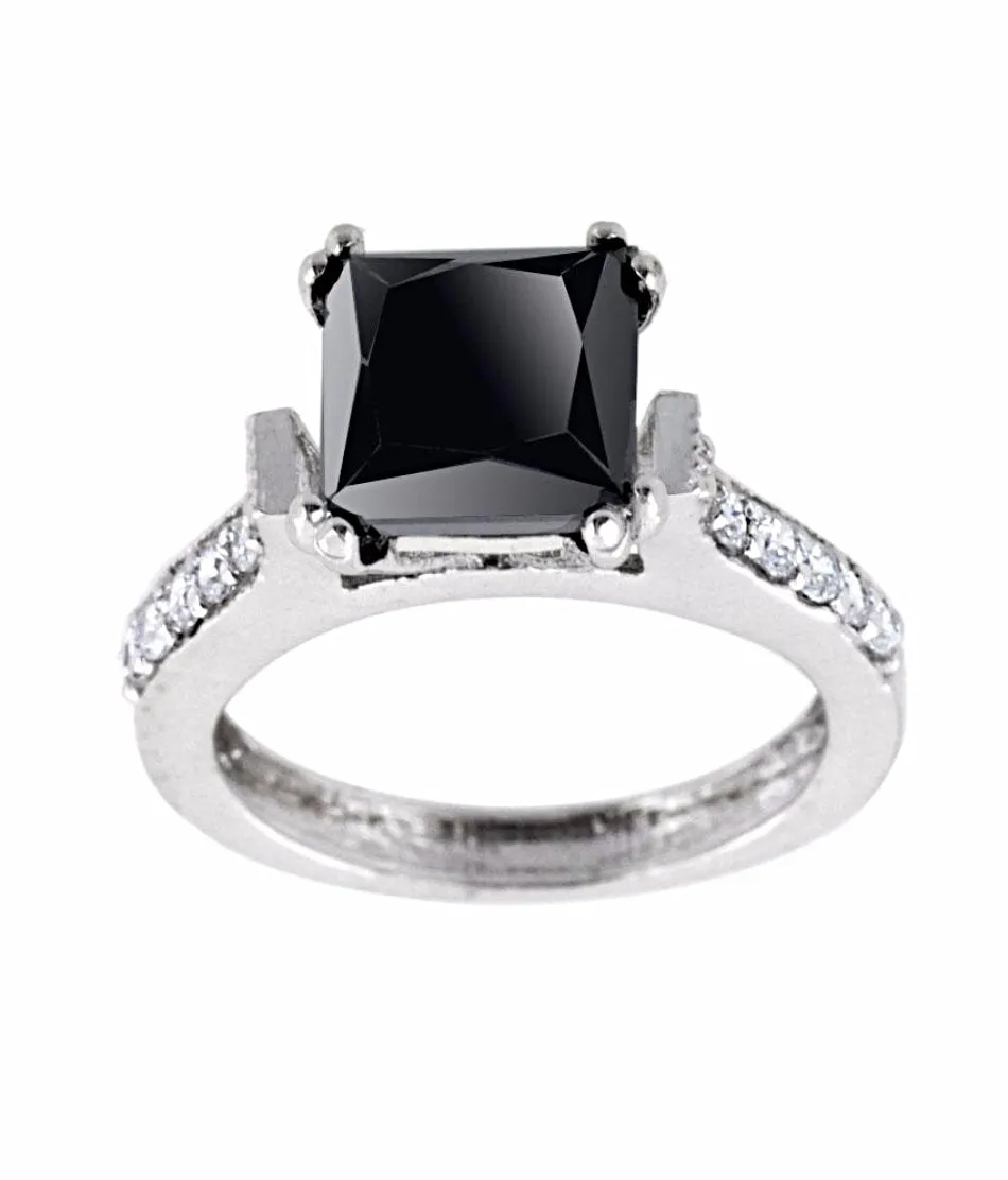 2 Ct Princess Cut Black Diamond with White Diamond Accents, Great Shine & Ideal Gift for Anniversary