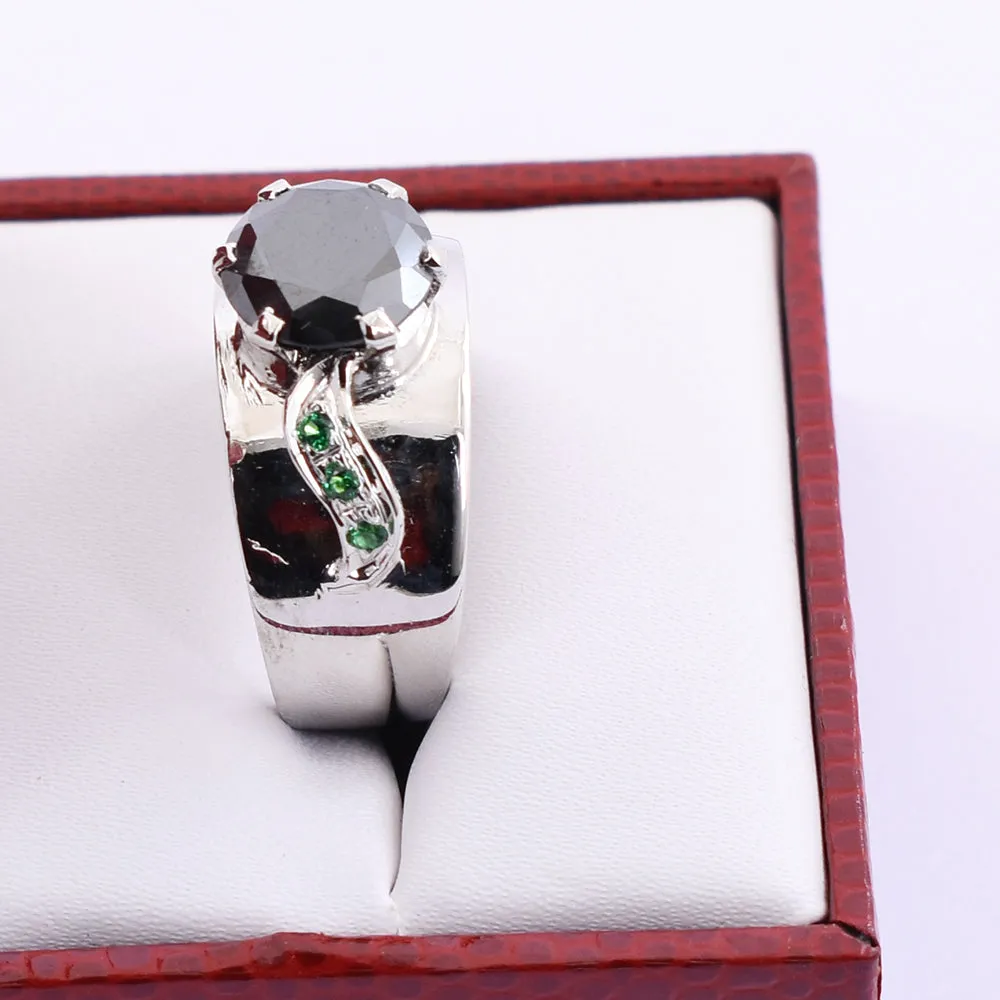 2 Ct Round Brilliant Cut Black Diamond Solitaire Ring With Emerald Accents, Ideal Gift for Husband, Boyfriend
