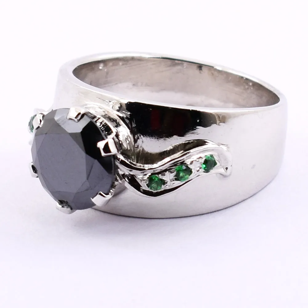 2 Ct Round Brilliant Cut Black Diamond Solitaire Ring With Emerald Accents, Ideal Gift for Husband, Boyfriend