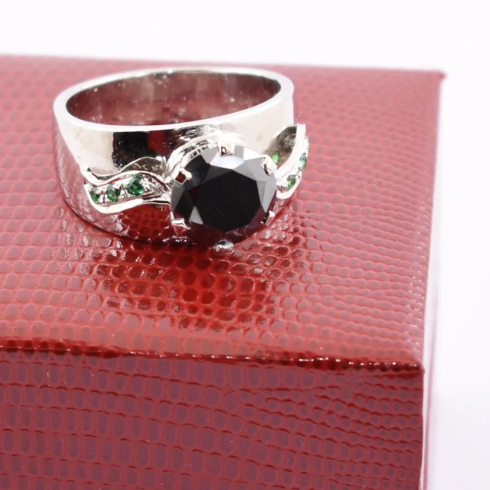 2 Ct Round Brilliant Cut Black Diamond Solitaire Ring With Emerald Accents, Ideal Gift for Husband, Boyfriend