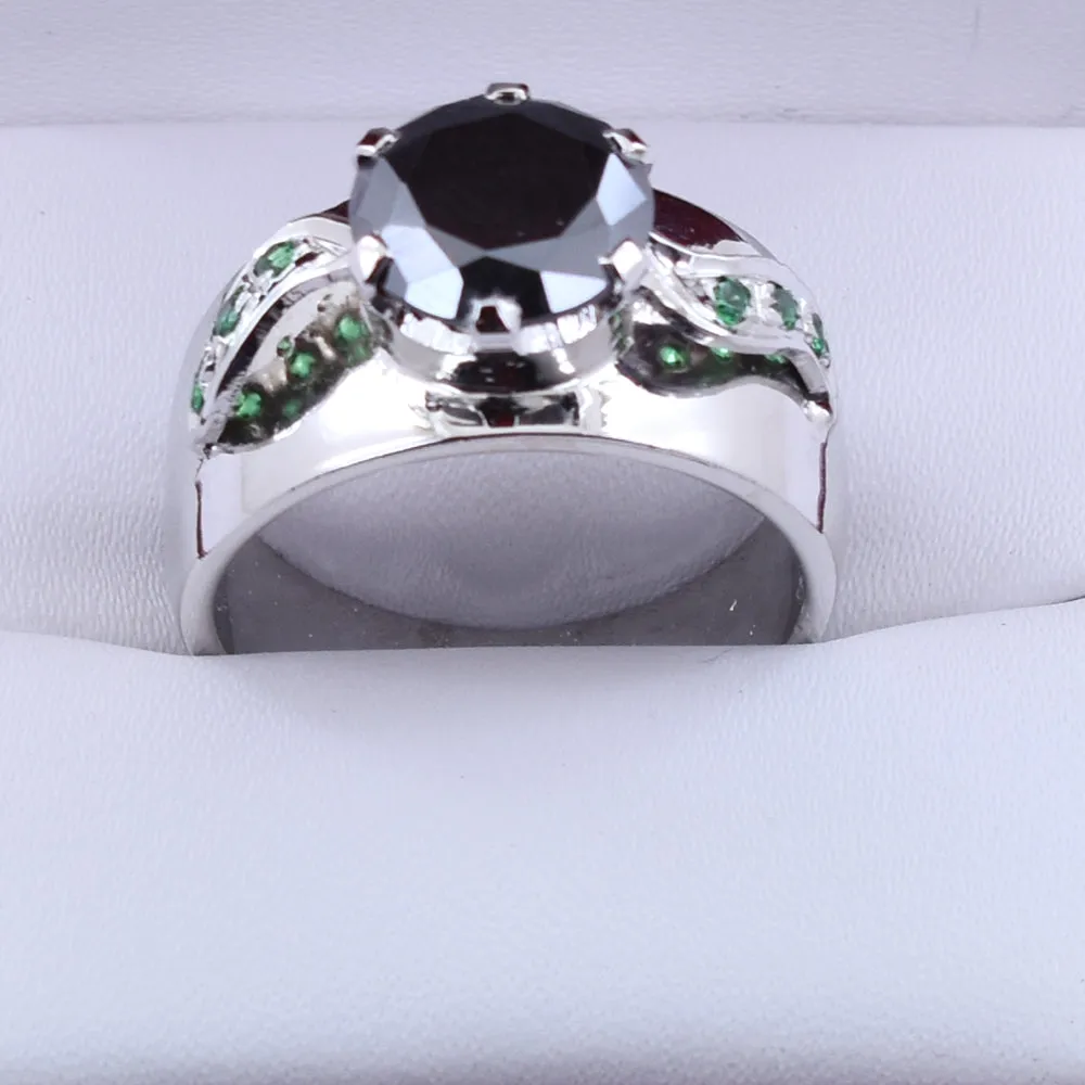 2 Ct Round Brilliant Cut Black Diamond Solitaire Ring With Emerald Accents, Ideal Gift for Husband, Boyfriend