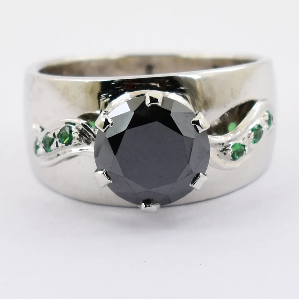 2 Ct Round Brilliant Cut Black Diamond Solitaire Ring With Emerald Accents, Ideal Gift for Husband, Boyfriend