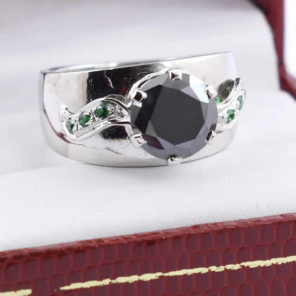 2 Ct Round Brilliant Cut Black Diamond Solitaire Ring With Emerald Accents, Ideal Gift for Husband, Boyfriend