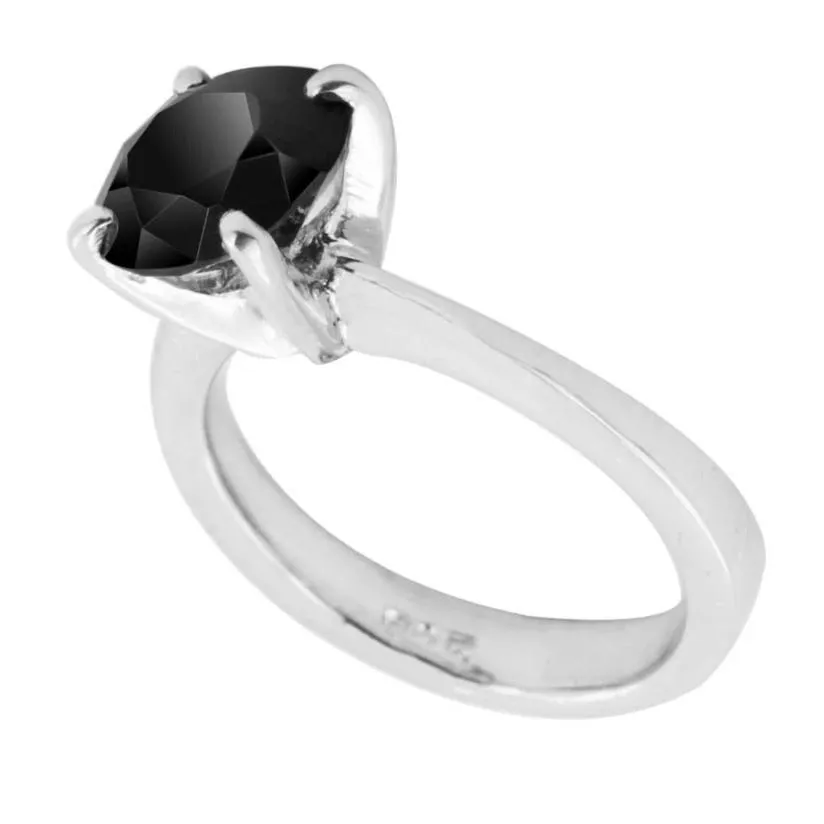 2 Ct Round Shape Black Diamond Solitaire Ring in Sterling Silver, AAA Quality! Great Shine & Luster