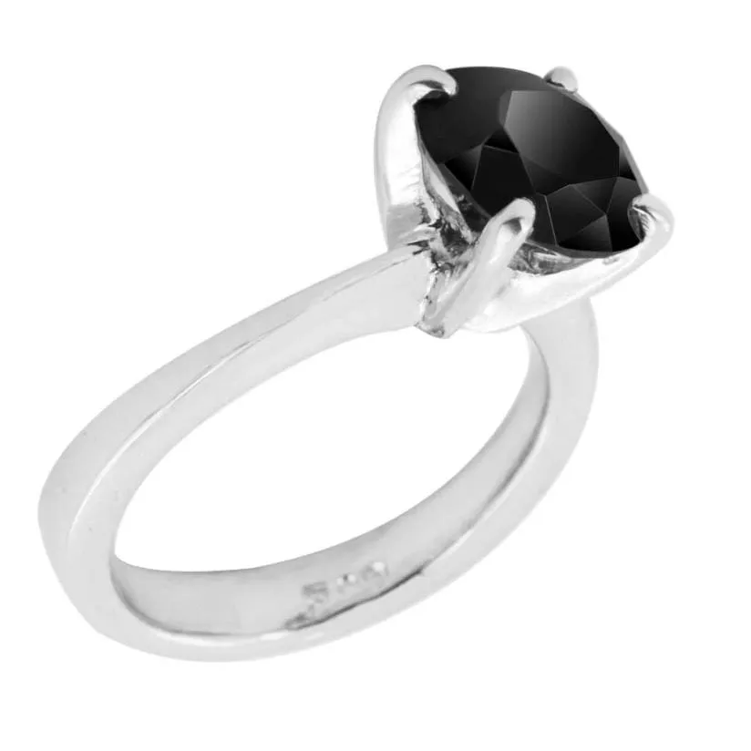 2 Ct Round Shape Black Diamond Solitaire Ring in Sterling Silver, AAA Quality! Great Shine & Luster