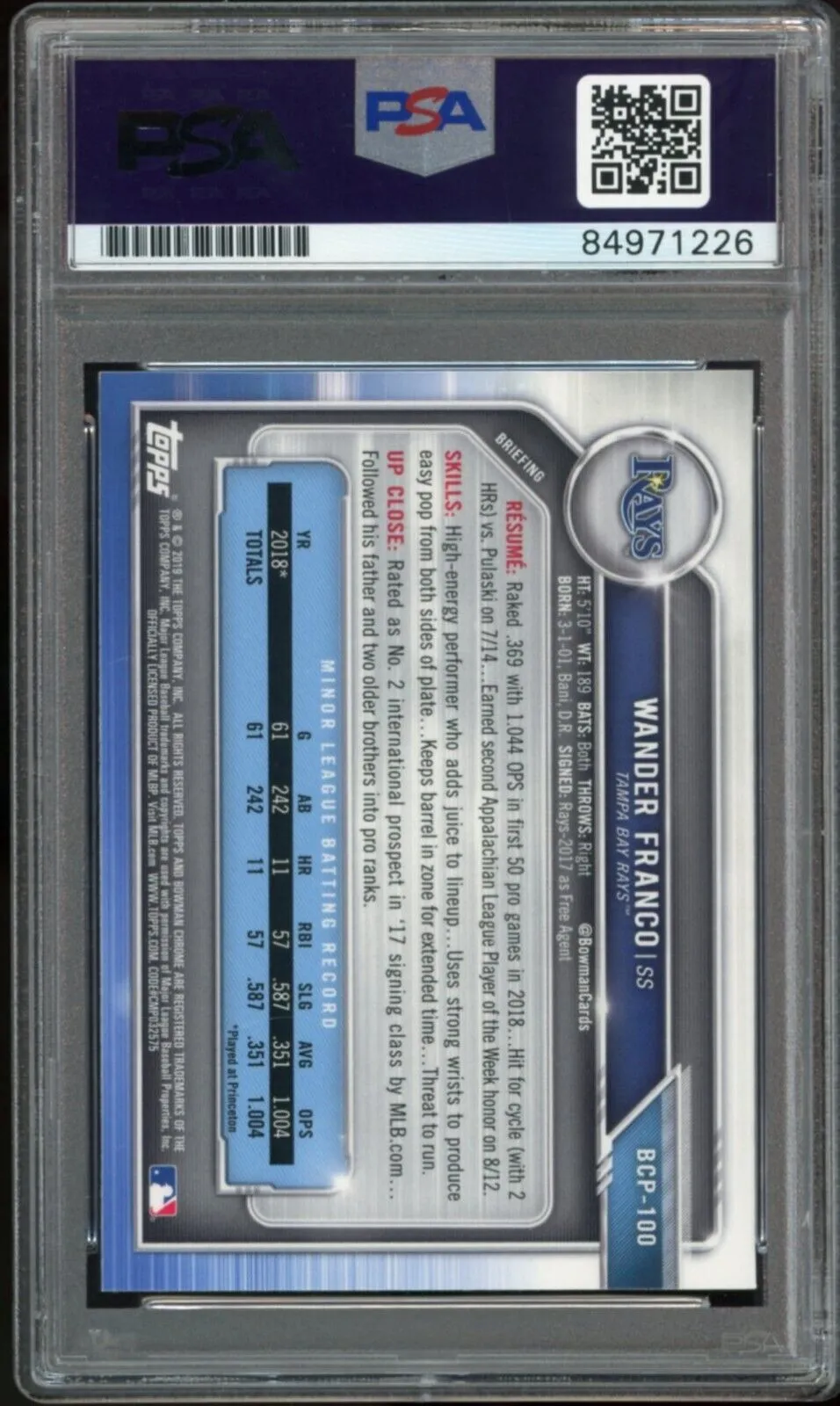2019 Bowman Chrome #BCP100 Wander Franco RC On Card PSA/DNA Auto GEM MINT 10