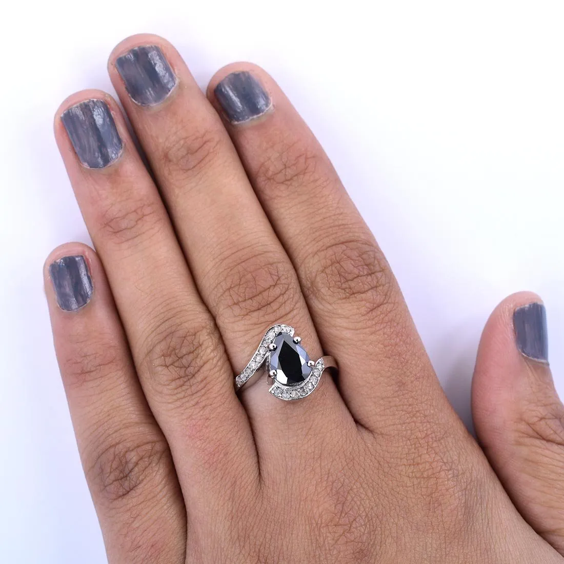 2.50 Ct Certified Pear Shape Black Diamond Engagement Ring With Diamond Accents. Great Brilliance & Lovely Gift