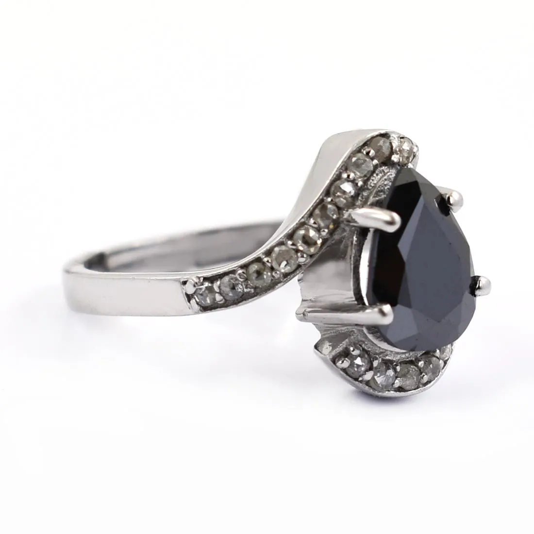 2.50 Ct Certified Pear Shape Black Diamond Engagement Ring With Diamond Accents. Great Brilliance & Lovely Gift