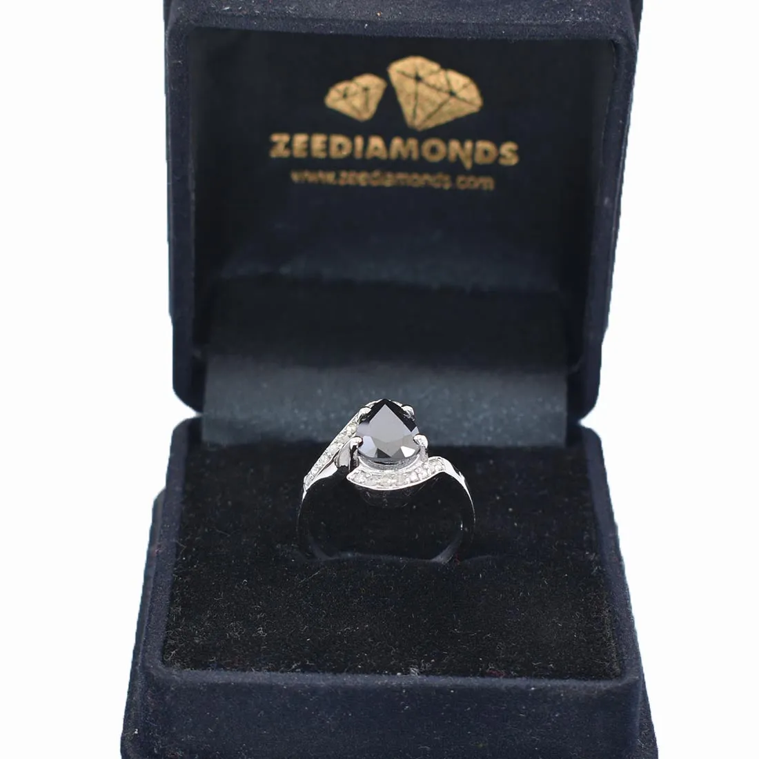 2.50 Ct Certified Pear Shape Black Diamond Engagement Ring With Diamond Accents. Great Brilliance & Lovely Gift