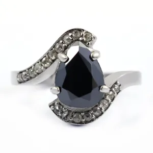 2.50 Ct Certified Pear Shape Black Diamond Engagement Ring With Diamond Accents. Great Brilliance & Lovely Gift