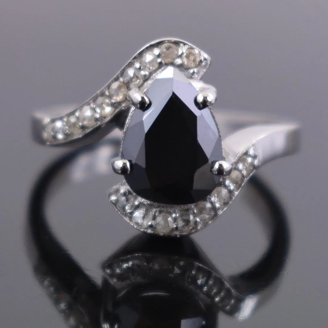 2.50 Ct Certified Pear Shape Black Diamond Engagement Ring With Diamond Accents. Great Brilliance & Lovely Gift
