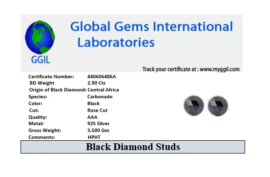 2.90 Ct AAA Certified Rose Cut Black Diamond Solitaire Studs in Bezel Style, Excellent Quality with Great Shine