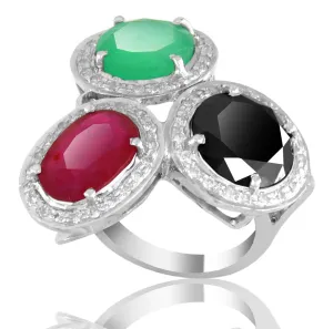 3 Stones Designer Ruby, Emerald and Black Diamond Ring with Diamond Accents, Beautiful Collection & Great Sparkle