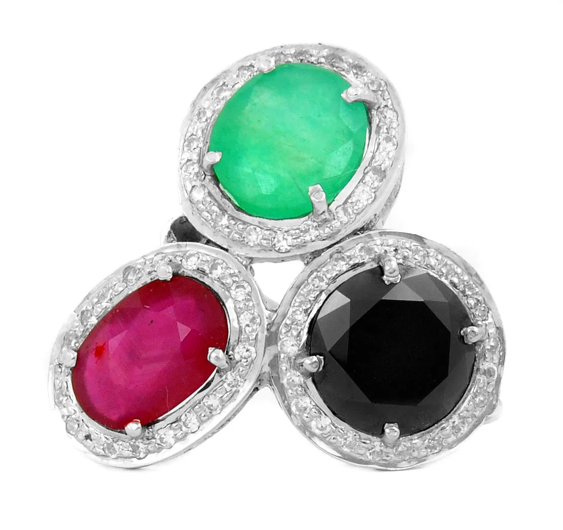 3 Stones Designer Ruby, Emerald and Black Diamond Ring with Diamond Accents, Beautiful Collection & Great Sparkle