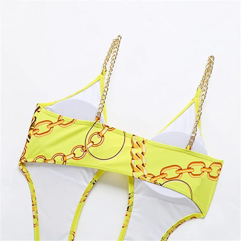 30 Pieces) Wholesale S-L Women Sexy Hollow Out Metal Chain Graphic Print Swimwear