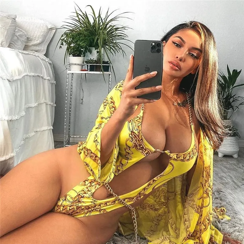 30 Pieces) Wholesale S-L Women Sexy Hollow Out Metal Chain Graphic Print Swimwear
