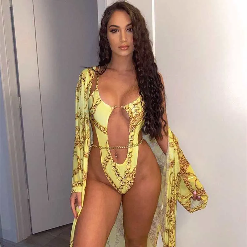 30 Pieces) Wholesale S-L Women Sexy Hollow Out Metal Chain Graphic Print Swimwear