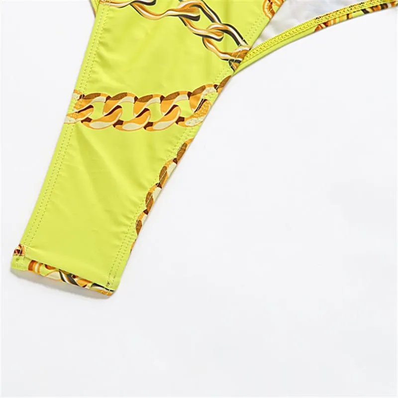 30 Pieces) Wholesale S-L Women Sexy Hollow Out Metal Chain Graphic Print Swimwear