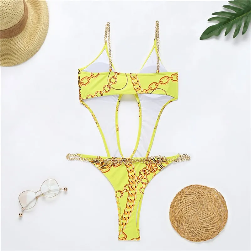 30 Pieces) Wholesale S-L Women Sexy Hollow Out Metal Chain Graphic Print Swimwear