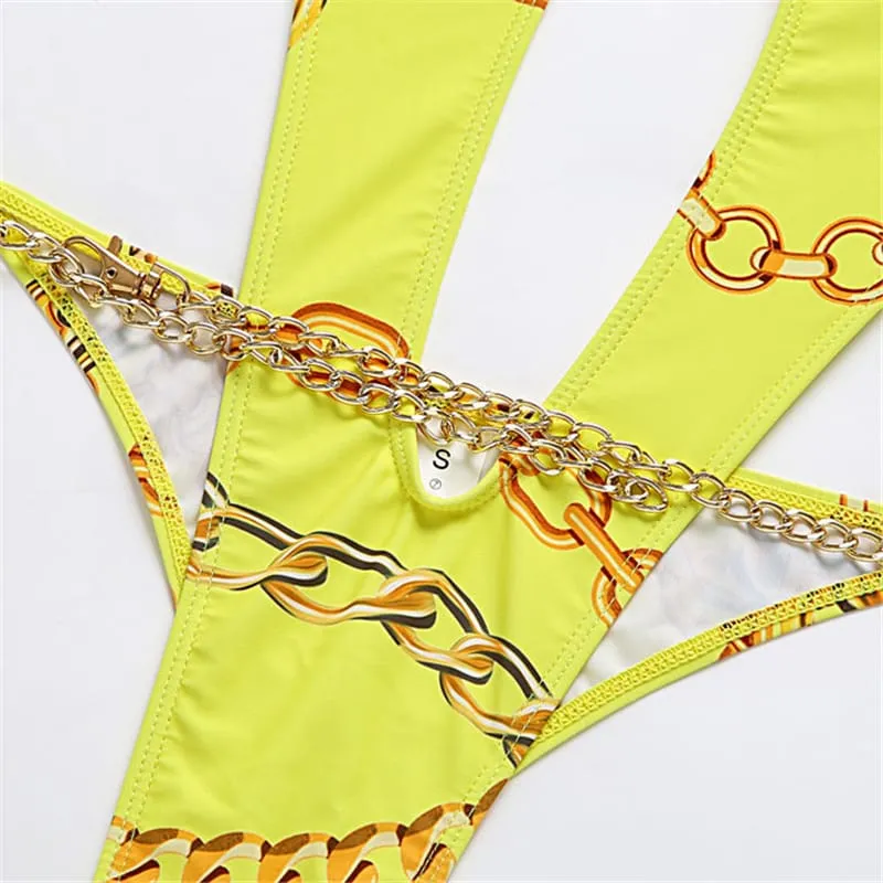 30 Pieces) Wholesale S-L Women Sexy Hollow Out Metal Chain Graphic Print Swimwear