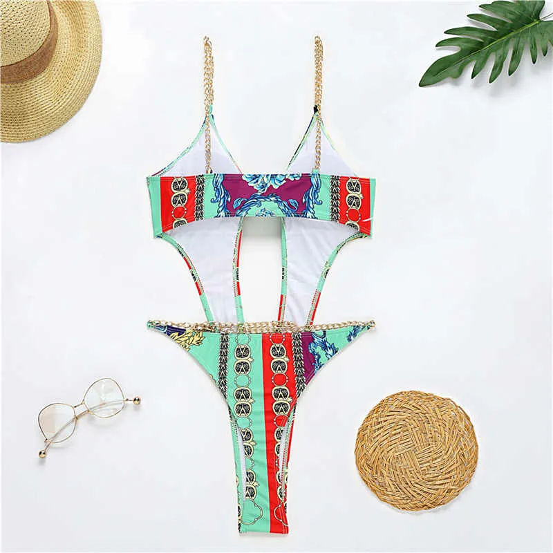 30 Pieces) Wholesale S-L Women Sexy Hollow Out Metal Chain Graphic Print Swimwear