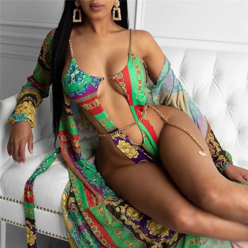 30 Pieces) Wholesale S-L Women Sexy Hollow Out Metal Chain Graphic Print Swimwear