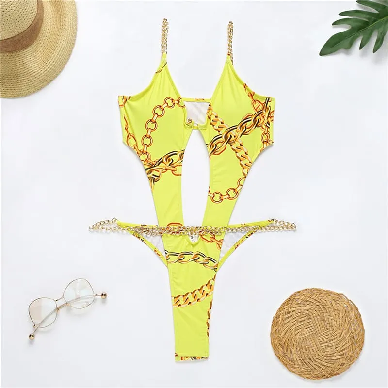 30 Pieces) Wholesale S-L Women Sexy Hollow Out Metal Chain Graphic Print Swimwear