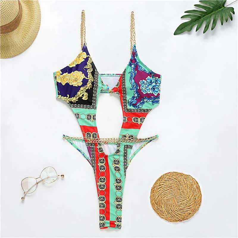 30 Pieces) Wholesale S-L Women Sexy Hollow Out Metal Chain Graphic Print Swimwear