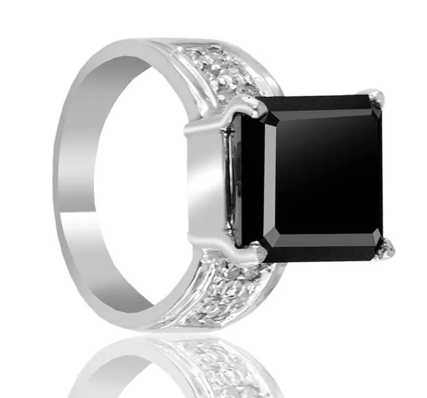 3.50 Ct Radiant Cut Black Diamond Ring With White Diamond Accents! Gift for Wedding, Birthday