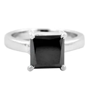 3ct to 5ct Certified Princess Cut Black Diamond Solitaire Unisex Ring in 925 Silver, Excellent Cut & Great Shine