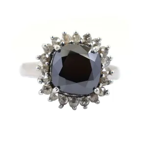 4.15 Ct Black Diamond Solitaire with Rose Cut Diamond Accents Designer Ring, Gift for Birthday,