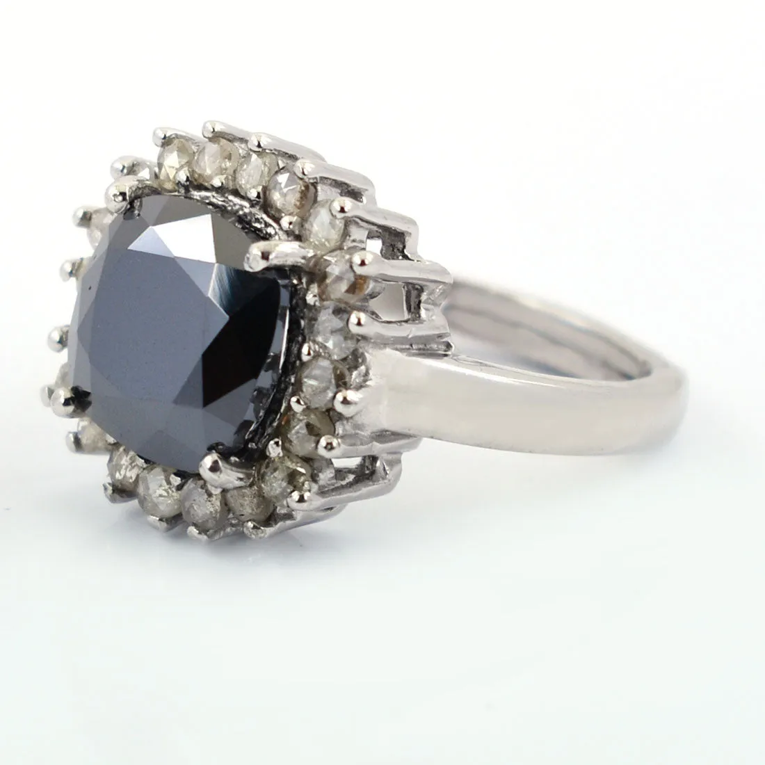 4.15 Ct Black Diamond Solitaire with Rose Cut Diamond Accents Designer Ring, Gift for Birthday,
