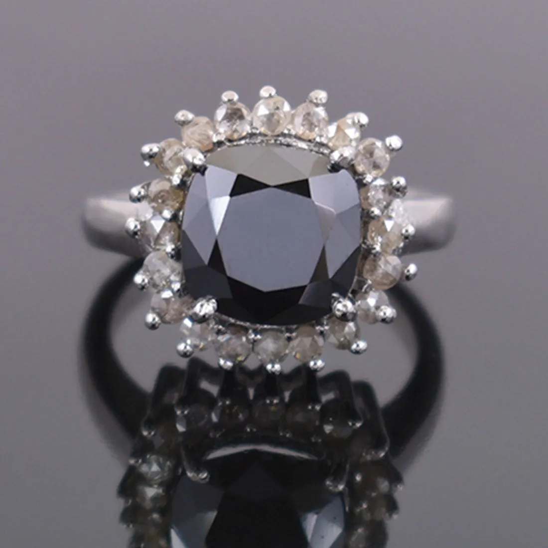 4.15 Ct Black Diamond Solitaire with Rose Cut Diamond Accents Designer Ring, Gift for Birthday,