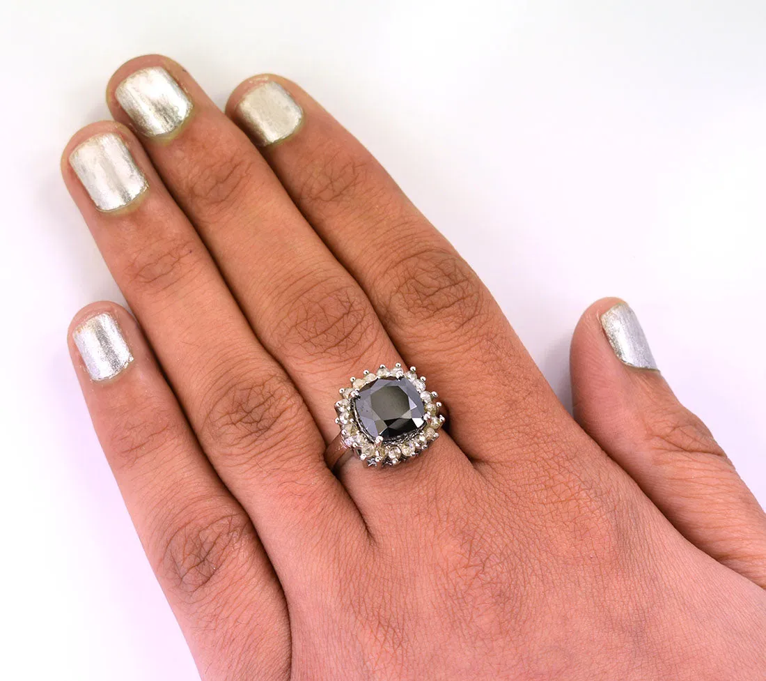 4.15 Ct Black Diamond Solitaire with Rose Cut Diamond Accents Designer Ring, Gift for Birthday,