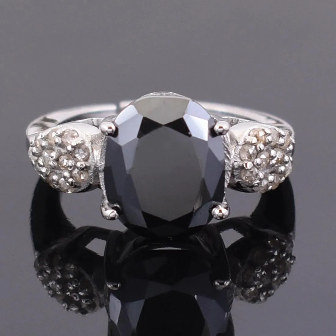 4.50 Ct Oval Shape Black Diamond Designer Ring With Rose Cut Diamond Accents, Very Elegant & Great Shine