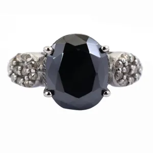 4.50 Ct Oval Shape Black Diamond Designer Ring With Rose Cut Diamond Accents, Very Elegant & Great Shine
