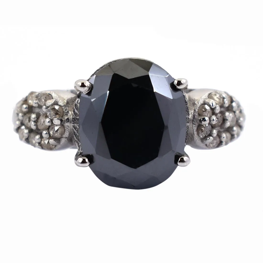 4.50 Ct Oval Shape Black Diamond Designer Ring With Rose Cut Diamond Accents, Very Elegant & Great Shine